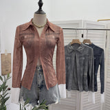 À±tie Denim Yarn Print Long Sleeve Open Shirt Hook Buckle Short Repair Body Dress 1293