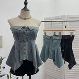 Real Shooting Thai Hottie Irregularly Under The Water Wash Denim Breast Vest Short Single-Breastless Sleeveless Top 2652