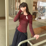 The Hollow Round Collar Is Front Shoulder White Long-Sleeved T-Shirt Girl 2025 Spring New Pure Want To Be Thin Inside The Bottom Shirt Top