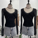 Pure-Want Wind Belt Chest Mat Lace Splicing Mesh Yarn Long-Sleeved T-Shirt Short Slim Top 2673