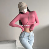 Slim Bottom-Up T-Shirted Hot Girls Half-High Collar In The Wind Autumn New Elastic Strength Thin High Waist Short Inside The Top Woman