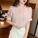 Summer New High-End Loose Thin Temperament Short-Sleeved Shirt Female Small Lotus Leaf-Side Shirt Shirt