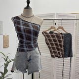 Real-Slender Mesh Slant Shoulder Lattice Sling Sling Waist Strap With Short Shoulderless Sleeveless Top 8075
