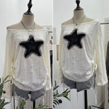 Wasteland Breeze Hot Girl Make Old Hole Star Long-Sleeved Top T-Shirt Loose Drawstring Tethered T-Shirt 6140