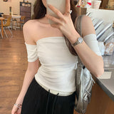 Korean Pure Sexy Hottie Shoulder-To-Shoulder Bra Short-Sleeved T-Shirt Girl 2025 Summer New Shoulder Repair Body