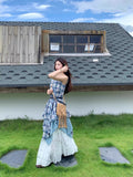 Design Feel Waist Thin Splicing Irregular Skirt Blue Tie Sling Dress Women's Summer