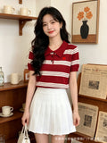 Vintage Style Stripe Polo Collar New British Style Summer Short-Sleeved Knitted Shirt Women's Casual Soft-Chamed Top
