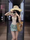 Seaside Holiday Style Set Pure Desire Design White Hanging Neck Blouse Blue Broken Floral Skirt Two Sets