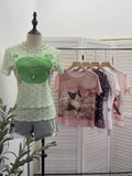 Double-Layer Screen Printed Short-Sleeved T-Shirt For Women's Summer New Dopamine Sweet Moringe Ear Top 2916