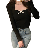 Sweet Three-Dimensional Bow Bow Collar Long-Sleeved Knitted Shirt Women Autumn New Design Sense Of Beauty To Put On The Top