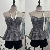 Small Fragrant Wind With Hanging Neck Bow Sling Vest Short High-Waist Shoulder Tector Blouse 2613
