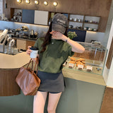 Vintage Sen Loose Army Green Short-Sleeved T-Shirt Women 2025 Summer New Korean Unique Beautiful Top