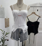 Real Shooting Hottie Sexy Sling Sling Vest Lace Side Splicing Letter Embroidery Short Outer Wearing Sleeveless Small Top 1232