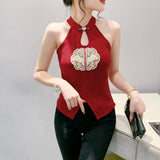 National Wind Embroidery Hanging Neck Vest Lady Sleeveless Summer Wearing Small Shoulder Slings New Chinese Style Fat MM Top