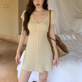 South Korea Dongdaefang Fashion V-Neck Solid Color Single Buckle Set Slim Sexy Knitted Dress