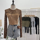 Real Shooting Hottie Letter-Print Mesh Spliced Cowboy Long-Sleeved Bottom Shirt Blouse Short T-Shirt Girl 2623