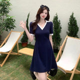 2026 New Large-Size Blue V-Neck French Waist Polo Dress Women's Summer Dress Fat Mm Thin