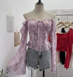 Real Shot Bow Strap Design Sense Shoulder Long Sleeve Chopped Sleeves Wreavage Horn Cuffed Chest Cushion Top 9639