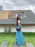 Holiday Style Retro Floral Sling Dress Women's Summer Design Irregular Dress To Collect Waist Thin A Skirt