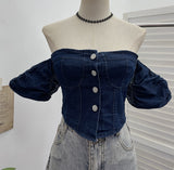 Real Shot Shoulder Bubble Short Sleeves Denim Shirt Design Hot Girl Collar Small Short Top 2530