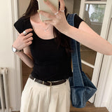 Low-Round Collar Solid Color Short-Sleeved T-Shirt Women 2025 Early Spring New U-Neck Bamboo Festival Cotton Slimming Top