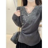 2025 Autumn And Winter Korean Version Pure Desire Gentle Nails Heavy Industry Lace V Collar Andy Velvet Knitted Bottom Shirt Top