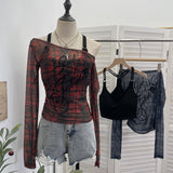 Real Shooting Spice Girls Spring Body Velvet Lattice Print Mesh Two Sets Of Long-Sleeved Tops Short Slings 2827