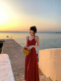 Red Bare Back Slings Breast Cushion Dress Female Sanya Temperament Wears Sexy Seaside Resort Beach Skirt High Sense