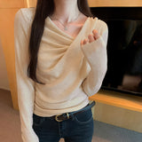 2026 Early Spring Han Collar Twisting Folded Collar V Collar Long-Sleeved Knitted Shirt Women Early Autumn Design Sense Top