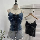 Real Shooting Do The Old Fur Side Of The Denim Splicing Pu Skin Lace Sling Vest Short Without Sleeve Top 618