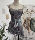 Real Shooting 2025 Spring And Summer New With Chest Cushions Dyed Mesh Sling Sling Vest Irregular Lotus Leaf Side Top 1139