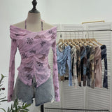 Real Shot Shoulder Strap Hanging Neck Pure Lust Wind Long-Sleeved T-Shirt Repair Cross-Folded Open Fork Short Top 9932