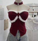 Real Shooting Christmas Birthday Red Hanging Neck Hair With Chest Pads Bra Vest Open Fork Short Coat 9318