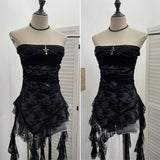 Real-Shooting Gothic Lace Tective Sexy Sleeveless Top Irregular Ribbon Decor Punk Wrap Chest Vest 1189