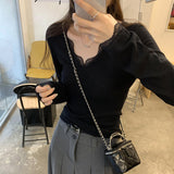 2025V Lace Splicing Temperament Long-Sleeved Knitting Bottom Shirt Women Autumn And Winter Korean Koi Special To The Top