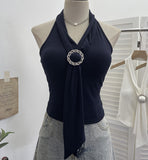 Real Shot With Chest Pad Hanging Neck With Metal Buckle Sling Vest Women Short Knitted Sleeveless Top 9293