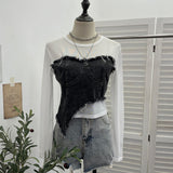 Design Feel Niche Cowboy Splicing Long-Sleeved Mesh T-Shirt Girl Summer Round Collar Dress Short Top 2617
