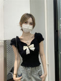 One-Word Shoulder Knitted T-Shirt Women's Short-Sleeved Summer French Bow Irregularly Repaired Waist Short-Scared Shawl