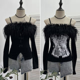 Two-Word Shoulder Hair Spliced Sling With Long-Sleeved Grinding T-Shirt T-Shirt Print Hollow Top 1367