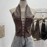 Real Shoot Babes Sexy Hollow Strap Hanging Neck Pu Sling Sling Vest Short-Carded Back Dress Woman 8120