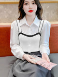 Fake Two Knitted Vest Sling Splicing Bubble Sleeves Simple Atmospheric French Design Sense Sweet Blouse Woman