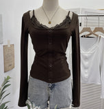 Real Shooting Spice Girls Fake Two Lace Slings Splicing Side Single Buckle Casing Long Sleeve Bottom Shirt 2828