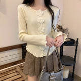 Autumn New Lace Open Shirt Sweater Early Spring Fresh And Gentle Repair Button Three-Dimensional Flower Knitting Top