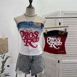 Slap Strap Thai Babes Letter Print Tat T-Shirt On The T-Shirt With Blouse On The T-Shirt With Denim Splicing Short-Term Vest 23098