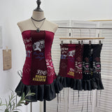 Printed Split Splicing Rope Tie With Pu Skin Bra Punk Babes Dress Dress Girl 6289