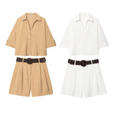 2025 Summer New Women's Fashion Casual Short-Sleeved Shirt With Belt Shorts 8372226