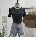 2025 Summer Denim Splicing Mesh Yarn Short-Sleeved T-Shirt Design Fake Two Hot Girl Short Top 26231