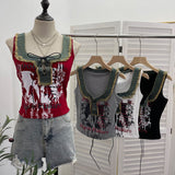 Real Shooting Hottie Hairy Denim Spliced Printed Vest With Bows Short Sleeveless Top 8926
