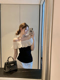 French High-End Lotus Leaf Side Shoulder Short-Sleeved Knitted Shirt Women 2026 Summer New Design Sense On The Dress