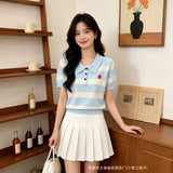 Vintage Style Stripe Polo Collar New British Style Summer Short-Sleeved Knitted Shirt Women's Casual Soft-Chamed Top